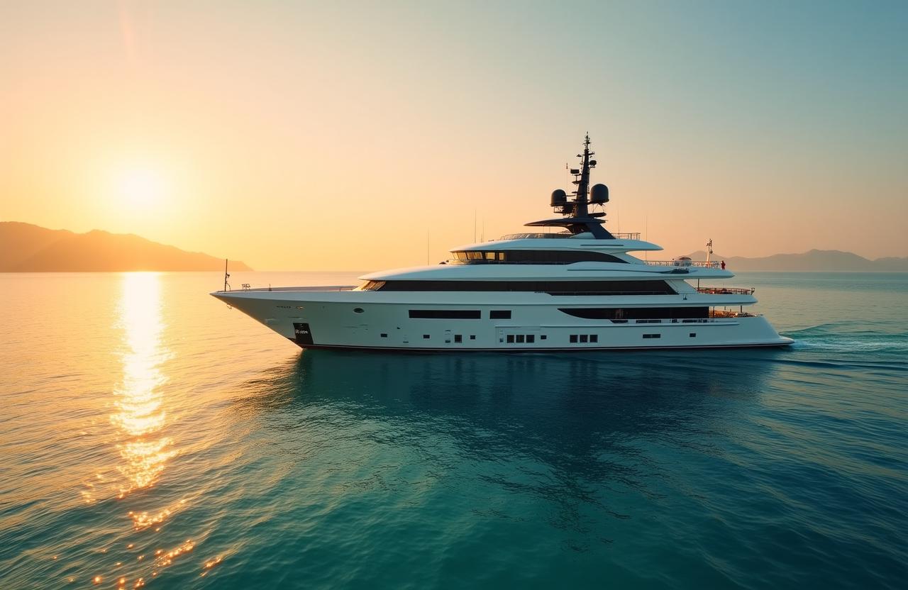 Superyacht de luxe au mouillage au coucher du soleil