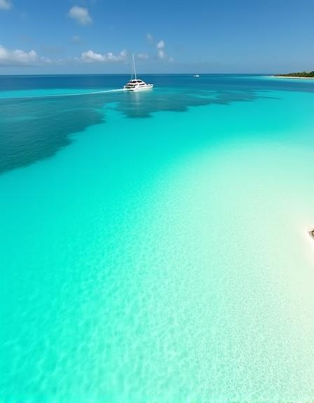 Plage de sable blanc et yacht aux Bahamas