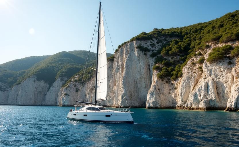 Yacht naviguant près des côtes grecques ioniennes