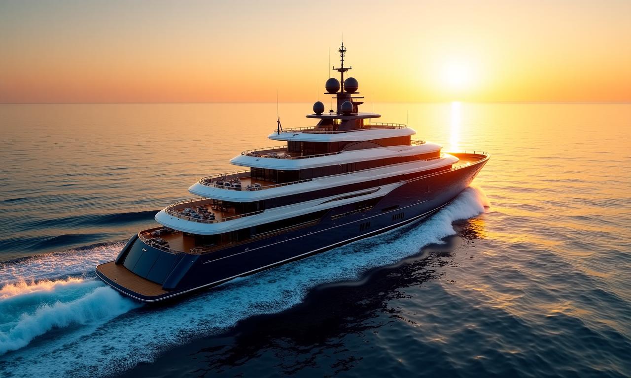 Un superyacht de luxe naviguant au coucher du soleil