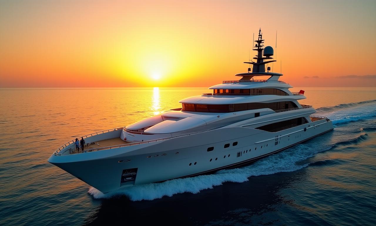 Yacht de luxe naviguant en Méditerranée au coucher du soleil